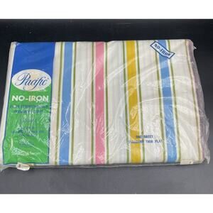VTG Pacific Muslin Twin Flat Sheet Stripe Pink Yellow Blue